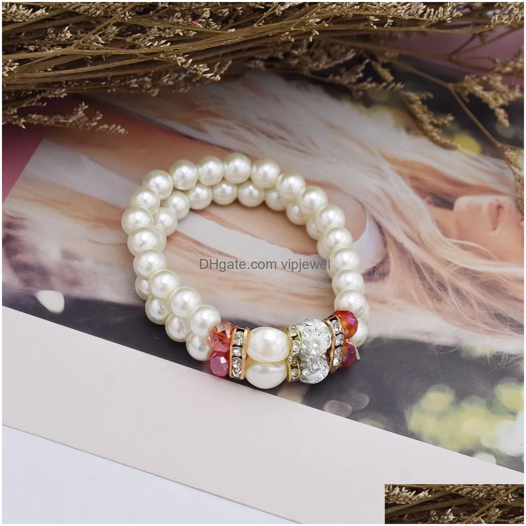 elegant double layer with white imitation pearl and crystal lady diamond beaded bracelet jewelry love gift