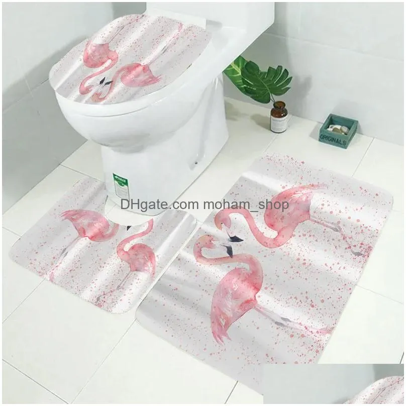 1/3/4pcs 3d flamingo waterproof shower curtain mildew proof toilet cover non-slip mat 3pcs toilet bathroom decor with 12 hooks t200711