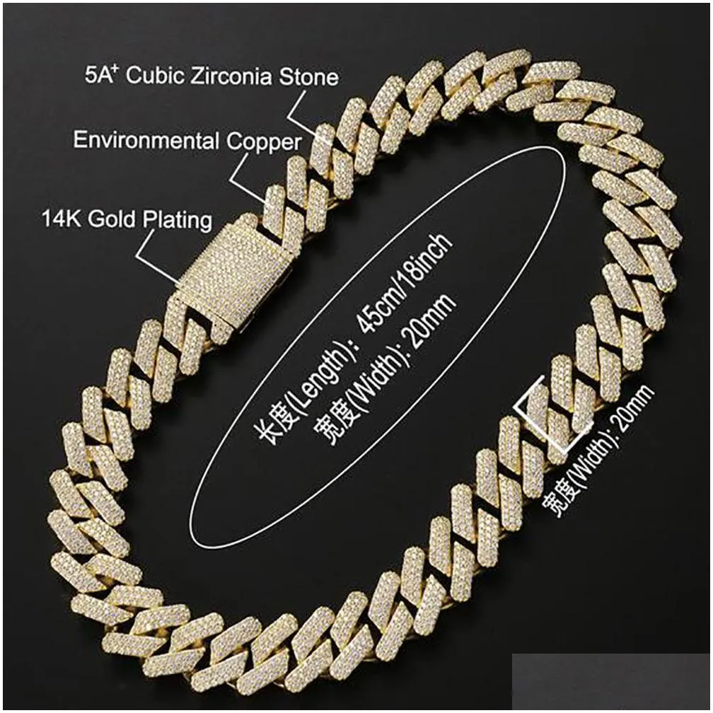 20mm diamond  prong cuban link chain choker necklace bracelets 14k white gold iced icy cubic zirconia jewelry 7inch-24inch cuban