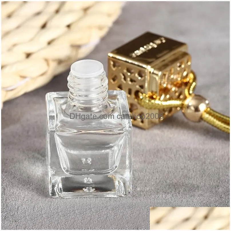 cube hollow car perfume bottle rearview ornament hanging air freshener for essential oils diffuser fragrance empty glass bottle pendant 4