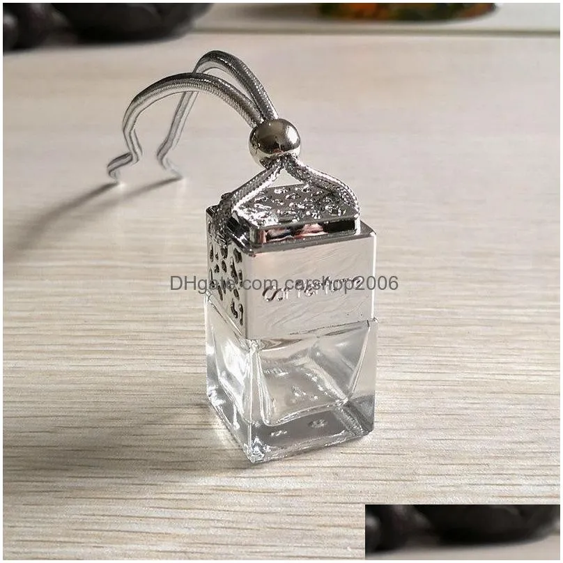 cube hollow car perfume bottle rearview ornament hanging air freshener for essential oils diffuser fragrance empty glass bottle pendant 4
