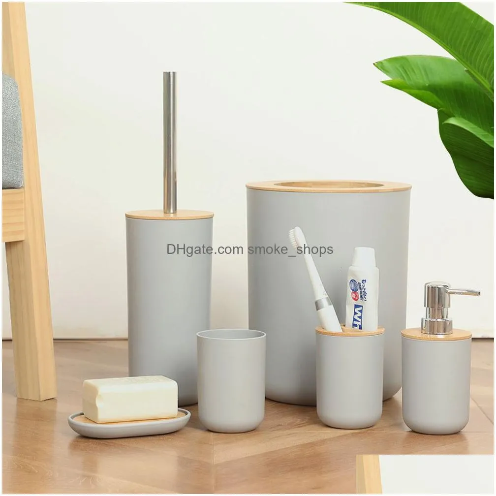 bath accessory set bathroom accessories 6pieces bamboo shower kit soap dispenser toothpaste toothbrush holder toilet brush trash can
