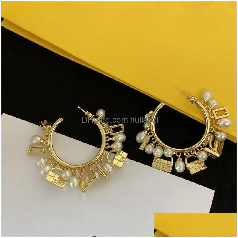 women designer ear studs gold silver luxury brand letter peal hoop earrings simple style jewelry big circle f earring for lady party