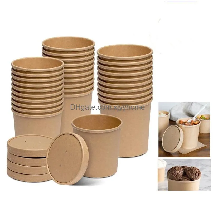 Disposable Take Out Containers Kraft Paper Cups Soup Bowls Containers Ice Cream Food Disposable Dessert Cup With Lids Drop Delivery Ho Dh4Na