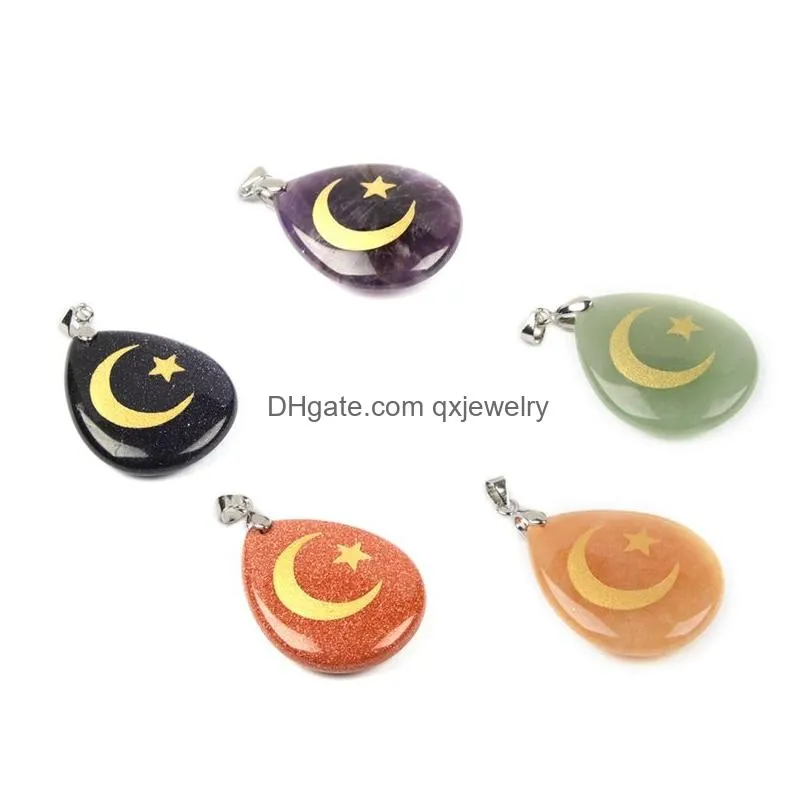 Pendant Necklaces Natural Stone Water Drop Shape Aura Pendant Necklace Engraved Islamic Star Moon Reiki Symbol Pattern Pendants Heal C Dheji