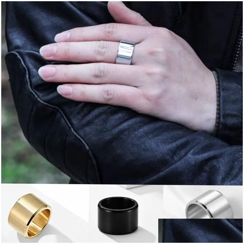 punk hip hop brushed glossy titanium steel ring men vintage gothic gold color finger rings luxury jewelry gift 15mm