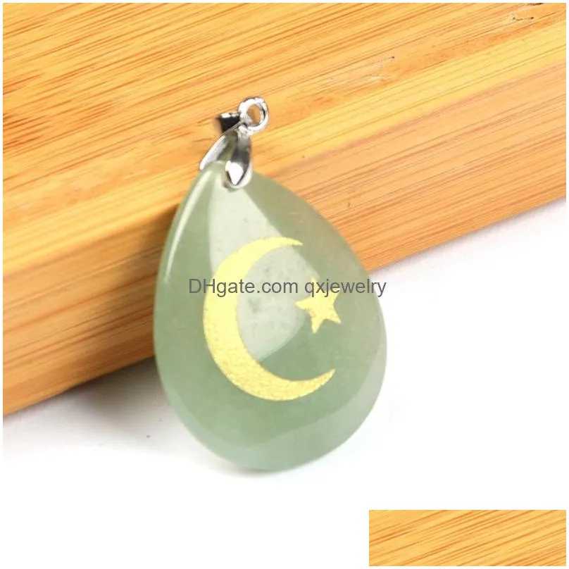 Pendant Necklaces Natural Stone Water Drop Shape Aura Pendant Necklace Engraved Islamic Star Moon Reiki Symbol Pattern Pendants Heal C Dheji