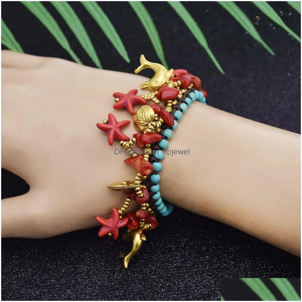 ocean style with green beads  starfish charms adjustable beaded bracelet for woman party jewelry