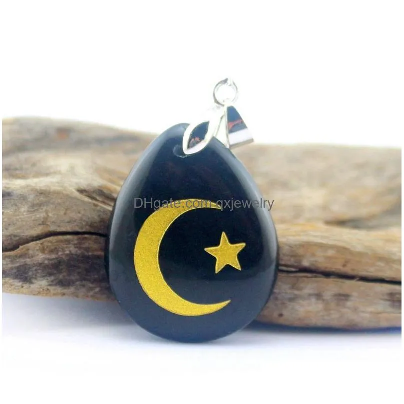 Pendant Necklaces Natural Stone Water Drop Shape Aura Pendant Necklace Engraved Islamic Star Moon Reiki Symbol Pattern Pendants Heal C Dheji