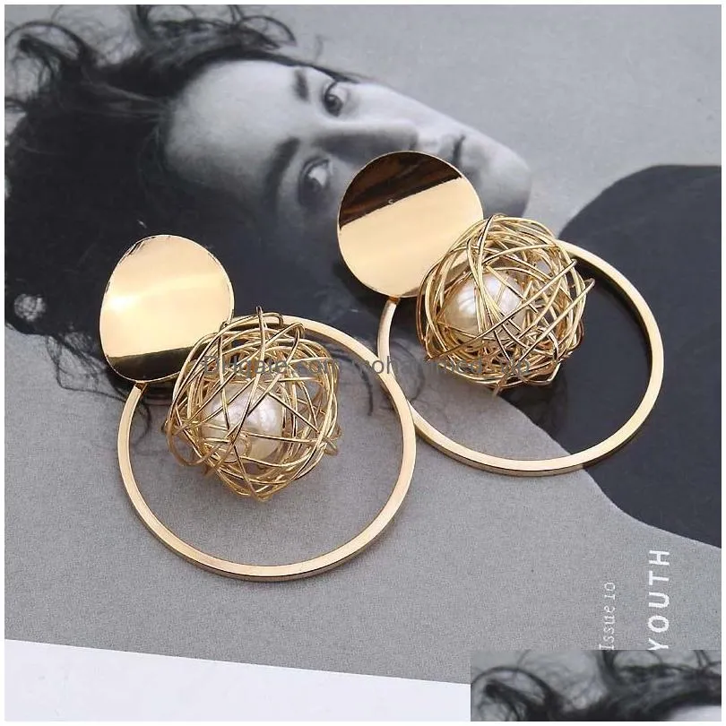retro geometric stud earrings simple round nest fake pearl circle drop earrings accessories fashion design women girls metal disc street party dangles jewelry
