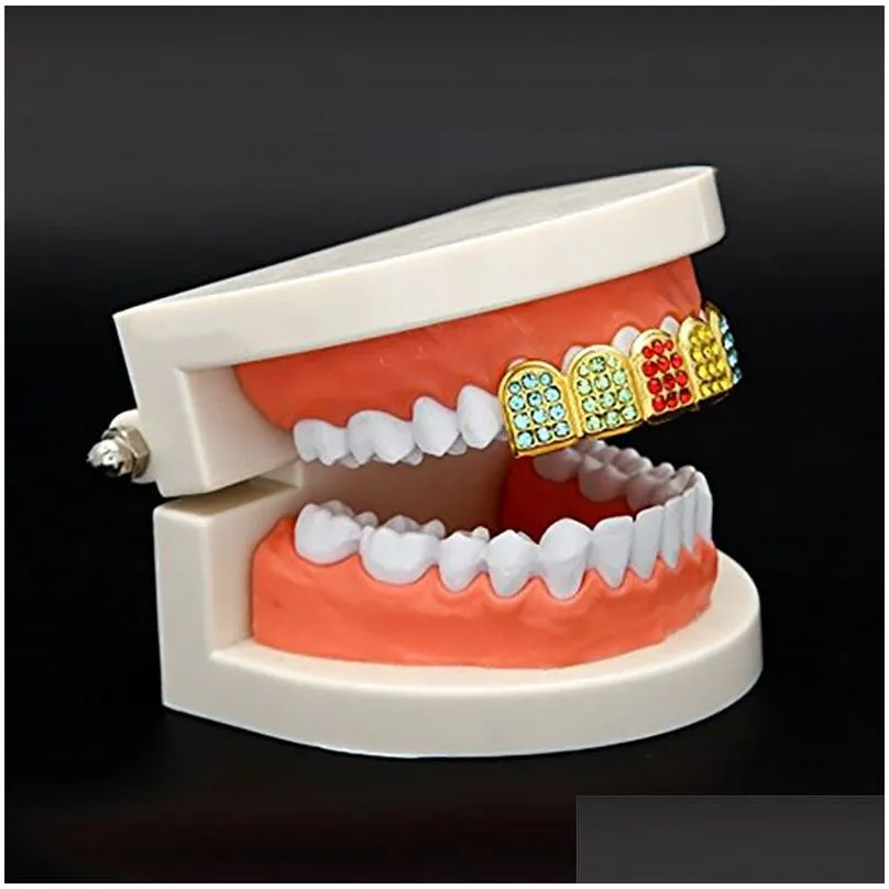  14k gold plated hip hop bling bling teeth fangs grillz caps top grill rapper colorful zircon set christmas party gift