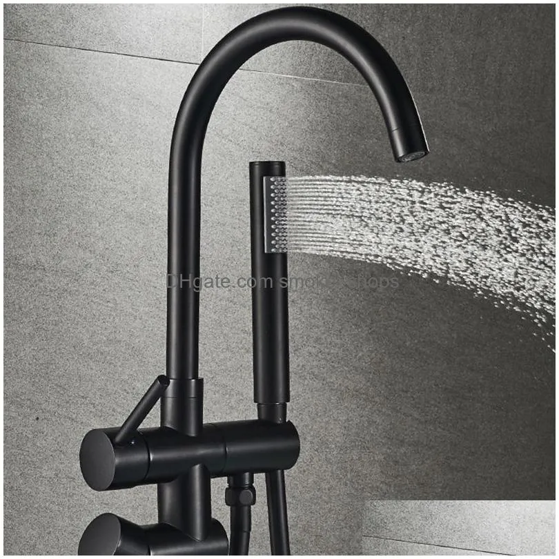 matte black floorstanding bathtub faucet set dual ceramic handle floor mounted claw foot bath tub mixers swive spout tub faucet