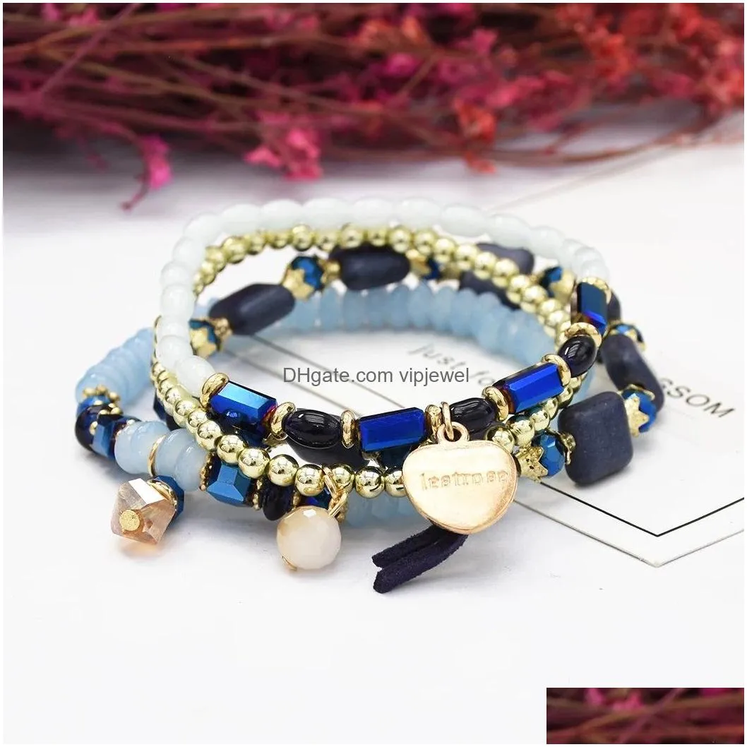 boho fashion four layer chains ethnic custom crystal acrylic beads bracelets bangles for women wedding party jewelry