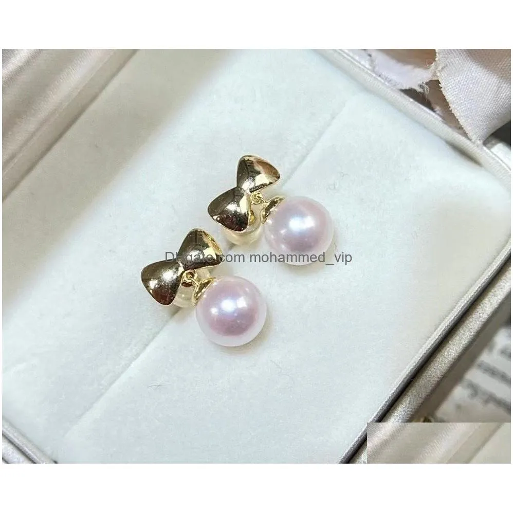 2209106 diamondbox -jewelry earrings ear studs pearl sterling 925 silver bow knot ribbon akoya 7-8 mm round pendant charm gift idea girl 18k gold