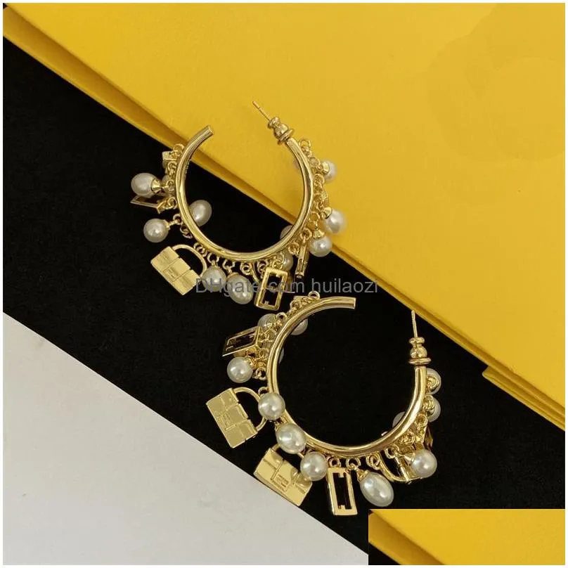 women designer ear studs gold silver luxury brand letter peal hoop earrings simple style jewelry big circle f earring for lady party