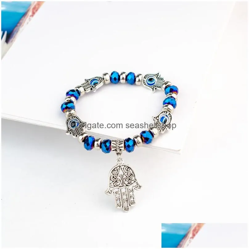 Charm Bracelets Fatima Hand Hamsa Bracelet Jewelry Women Man Gold Sier Color Fashion Blue Devil Evil Eye Plam Bell Beaded Anchor Charm Dhyj1