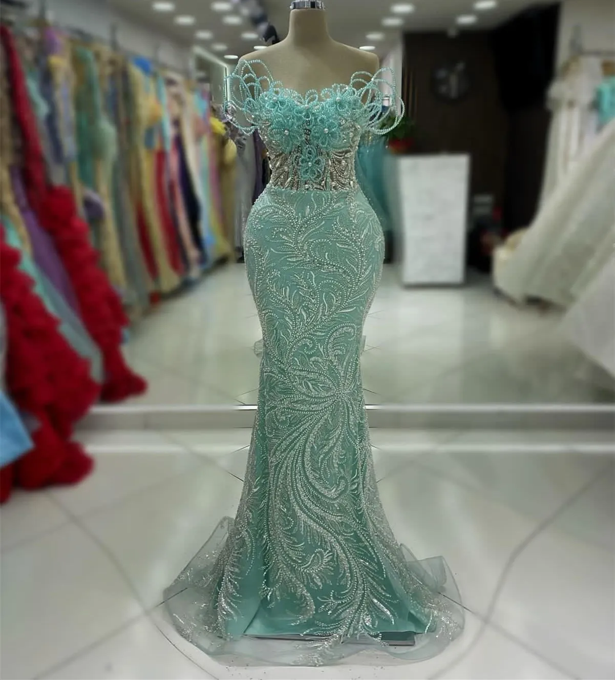2024 Aso Ebi Mint Mermaid Prom Dress Sequined Lace Beaded Evening Formal Party Second Reception Birthday Engagement Gowns Dresses Robe De Soiree ZJ07