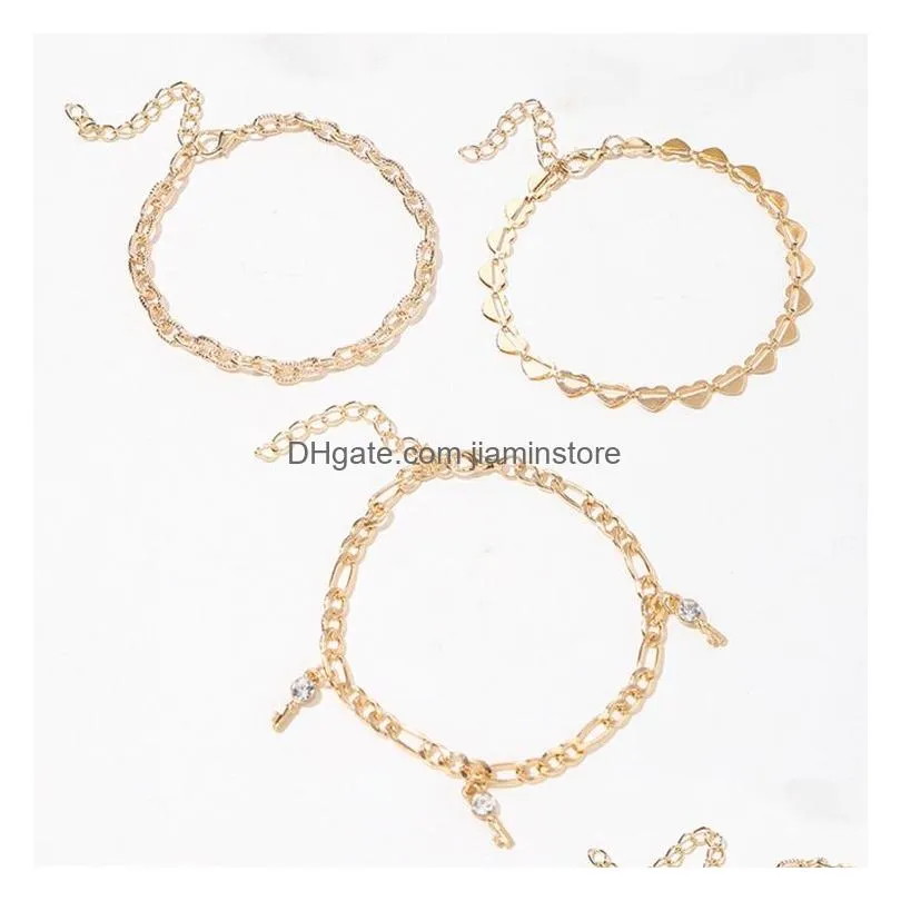 Anklets Punk Hollow Love Anklets Disc Snake-Shaped Chain With Rhinestones Anklet Key Tassel 5 Pieces Set Of Foot Jewelry Drop Delivery Dhb2C