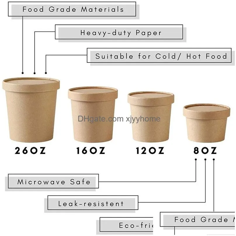 Disposable Take Out Containers Kraft Paper Cups Soup Bowls Containers Ice Cream Food Disposable Dessert Cup With Lids Drop Delivery Ho Dh4Na