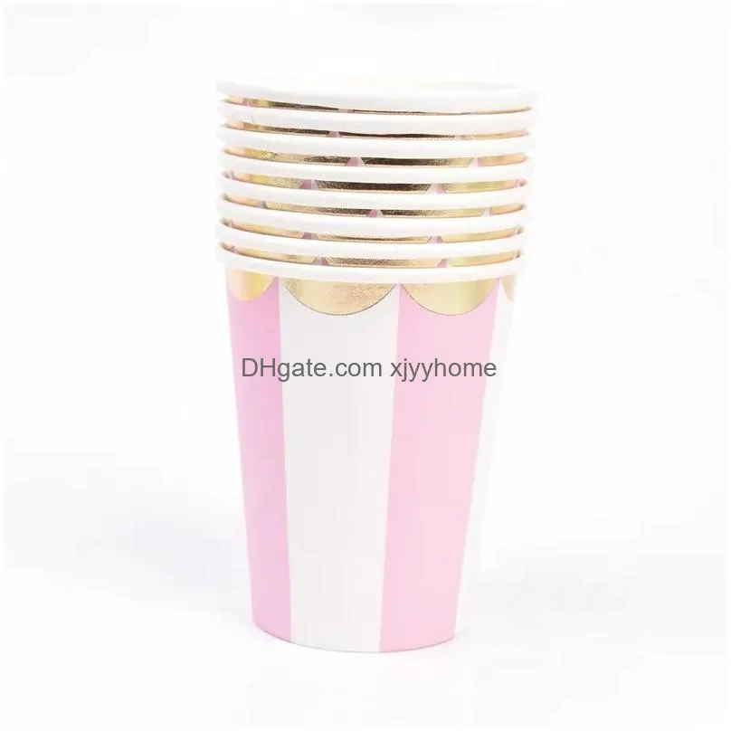 Disposable Cups & Straws 8 Pack 9Oz Gold Disposable Paper Cup Tableware Pink Tablewares For Baby Shower Party Supplies Drop Delivery H Dh7Ep