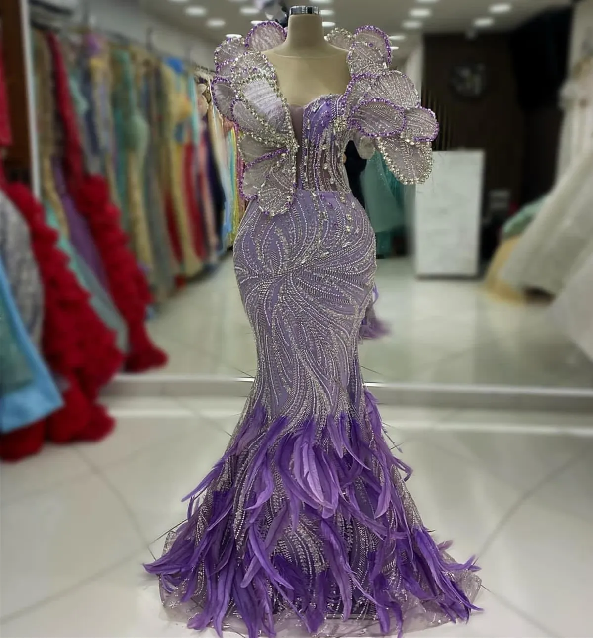 2024 Aso Ebi Lavender Mermaid Prom Dress Beaded Crystals Feather Evening Formal Party Second Reception Birthday Engagement Gowns Dresses Robe De Soiree ZJ10
