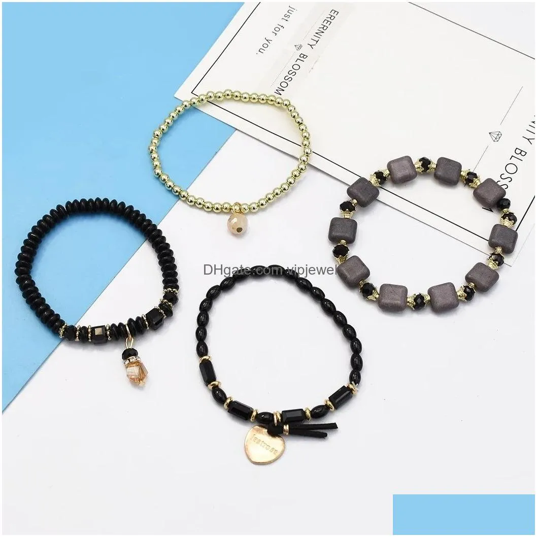boho fashion four layer chains ethnic custom crystal acrylic beads bracelets bangles for women wedding party jewelry