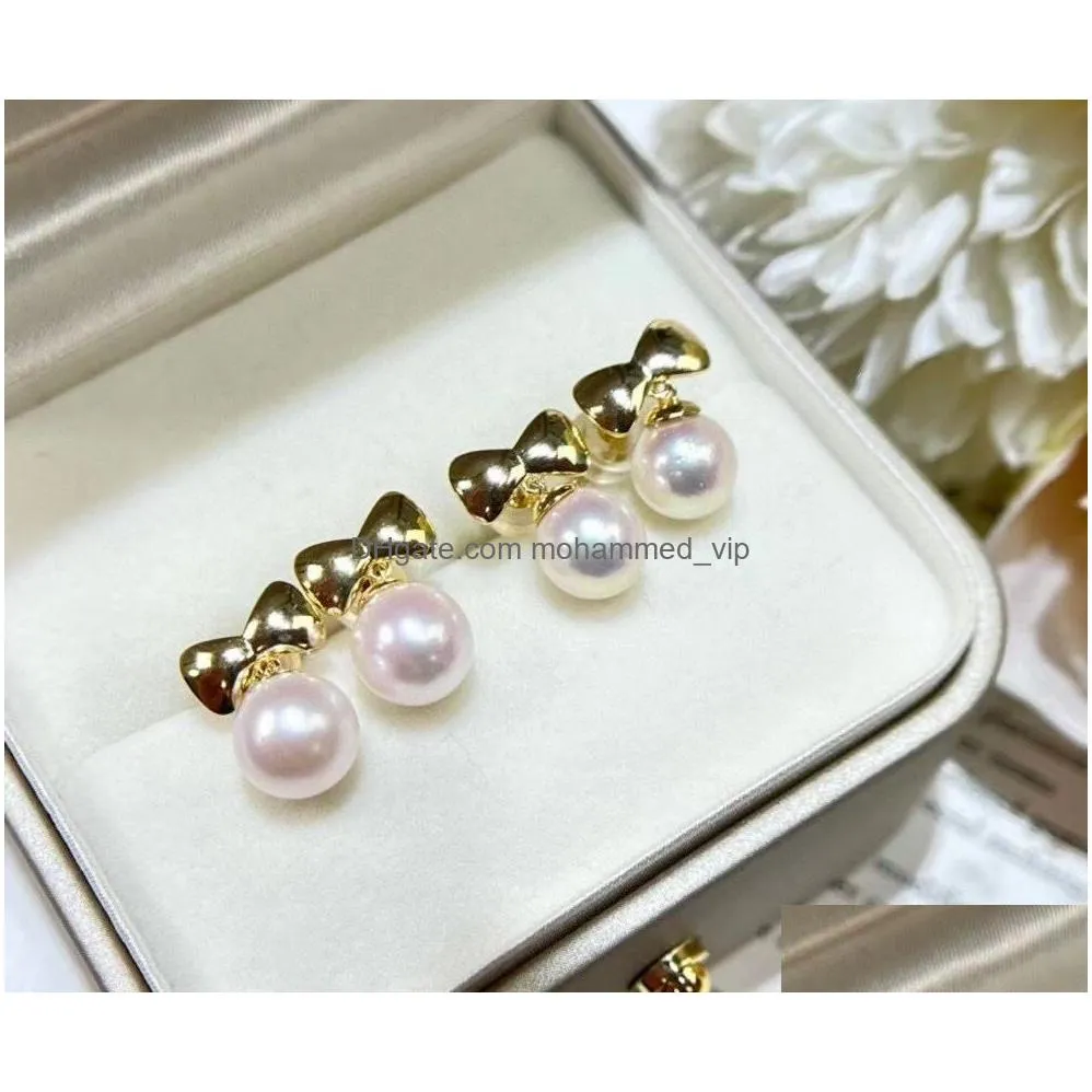 2209106 diamondbox -jewelry earrings ear studs pearl sterling 925 silver bow knot ribbon akoya 7-8 mm round pendant charm gift idea girl 18k gold