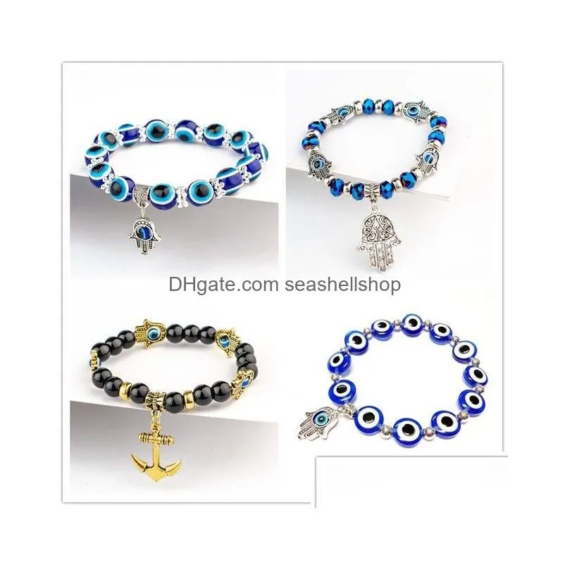 Charm Bracelets Fatima Hand Hamsa Bracelet Jewelry Women Man Gold Sier Color Fashion Blue Devil Evil Eye Plam Bell Beaded Anchor Charm Dhyj1