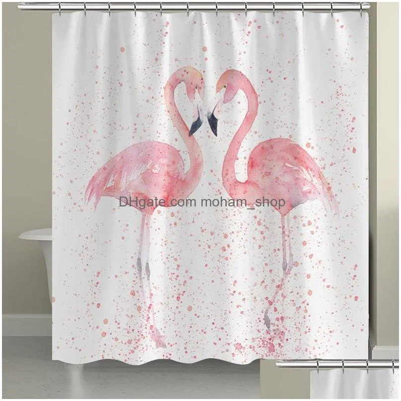 1/3/4pcs 3d flamingo waterproof shower curtain mildew proof toilet cover non-slip mat 3pcs toilet bathroom decor with 12 hooks t200711