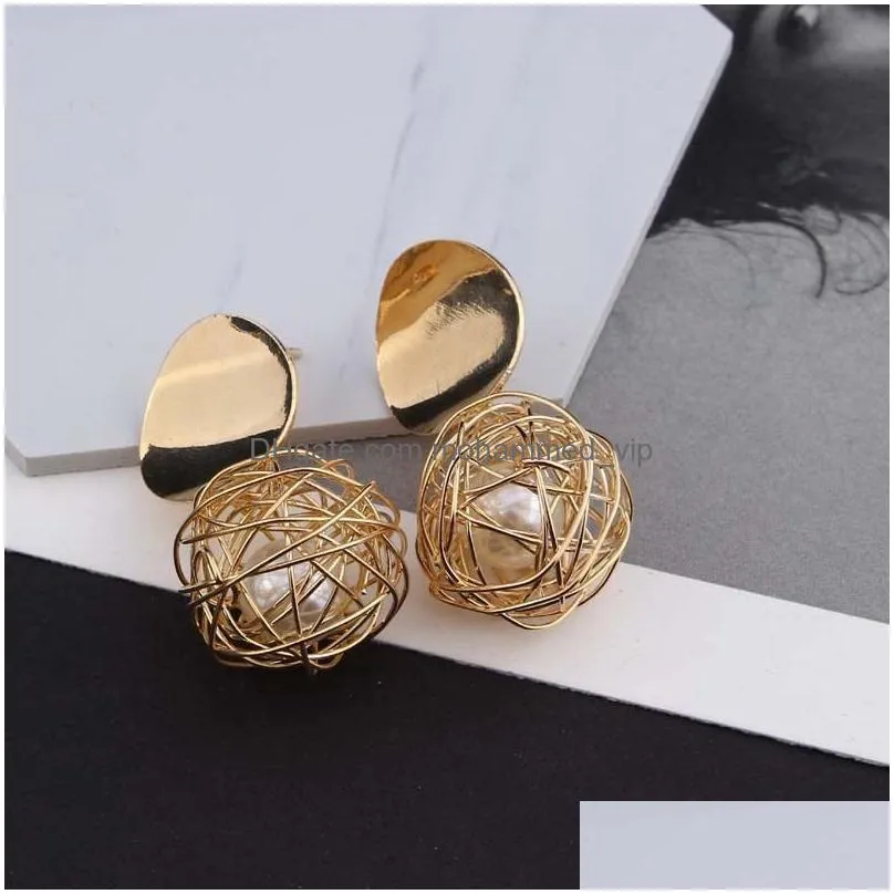 retro geometric stud earrings simple round nest fake pearl circle drop earrings accessories fashion design women girls metal disc street party dangles jewelry