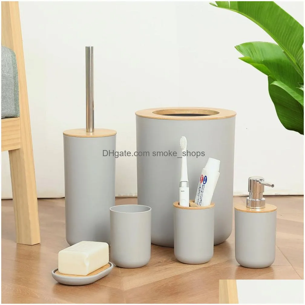 bath accessory set bathroom accessories 6pieces bamboo shower kit soap dispenser toothpaste toothbrush holder toilet brush trash can