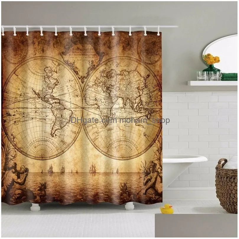 shower curtains vintage style towel map bookshelf flag crown bathroom frabic waterproof polyester bath curtain with hooks 220922