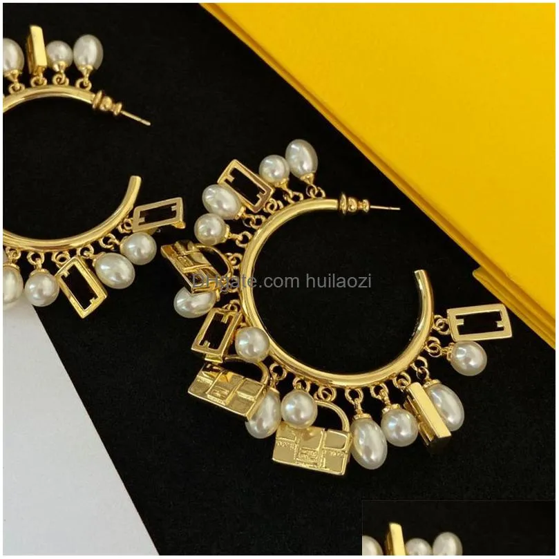 women designer ear studs gold silver luxury brand letter peal hoop earrings simple style jewelry big circle f earring for lady party