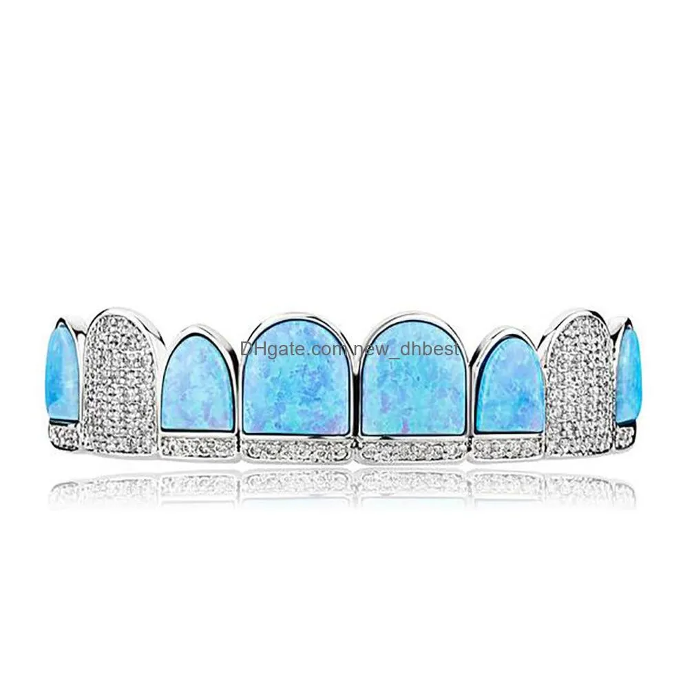 Grillz, Dental Grills 14K Cz Vampire Teeth Grillz Iced Out Micro Pave Cubic Zircon Blue Opal 8 Tooth Hip Hop Grill Top Bottom Mouth Gr Dhegh