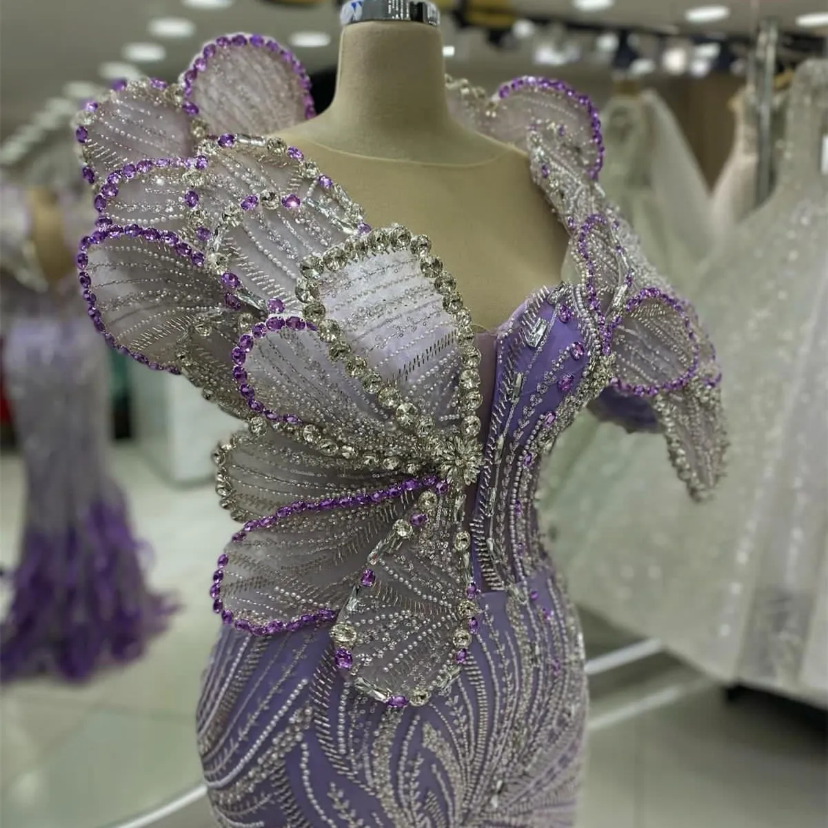 2024 Aso Ebi Lavender Mermaid Prom Dress Beaded Crystals Feather Evening Formal Party Second Reception Birthday Engagement Gowns Dresses Robe De Soiree ZJ10