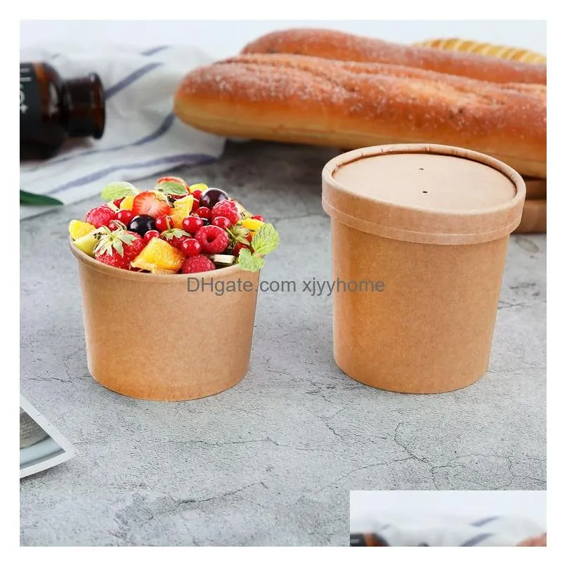 Disposable Take Out Containers Soup Cups Paper Containers Kraft Food Disposable Go To Bowls Ice Cream Cup Lids Compostable Recyclable Dha8O