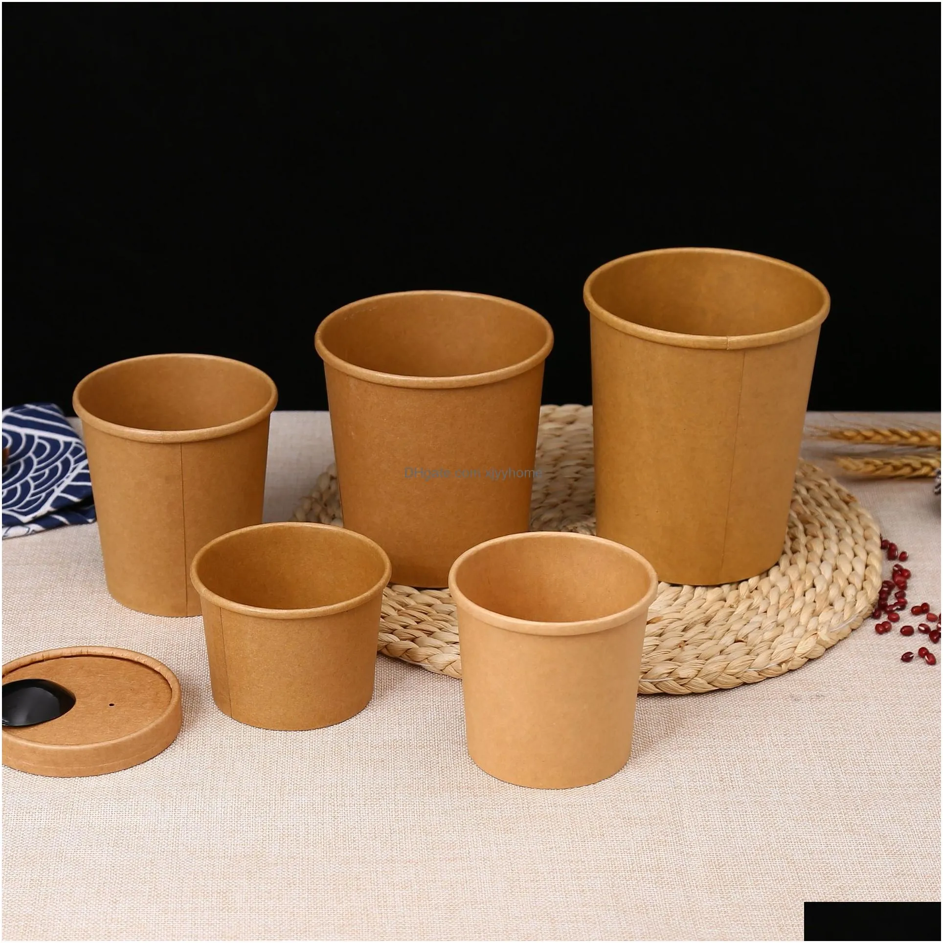 Disposable Take Out Containers Kraft Paper Cups Soup Bowls Containers Ice Cream Food Disposable Dessert Cup With Lids Drop Delivery Ho Dh4Na