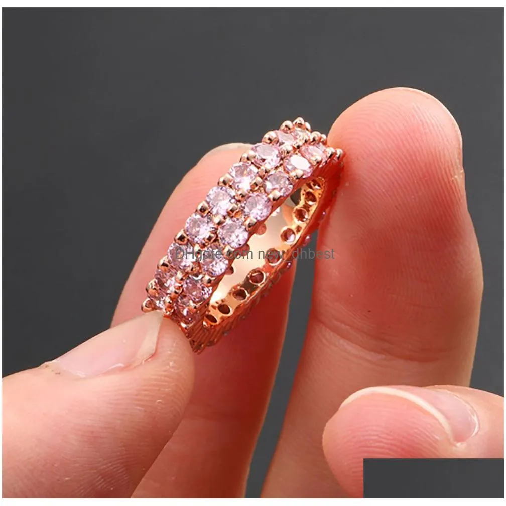 Cluster Rings Iced 2 Row 360 Eternity Pink Stone Rings Micro Pave Cubic Zirconia Rose Gold Plated Simated Diamonds Hip Hop Ring For Me Dhugr