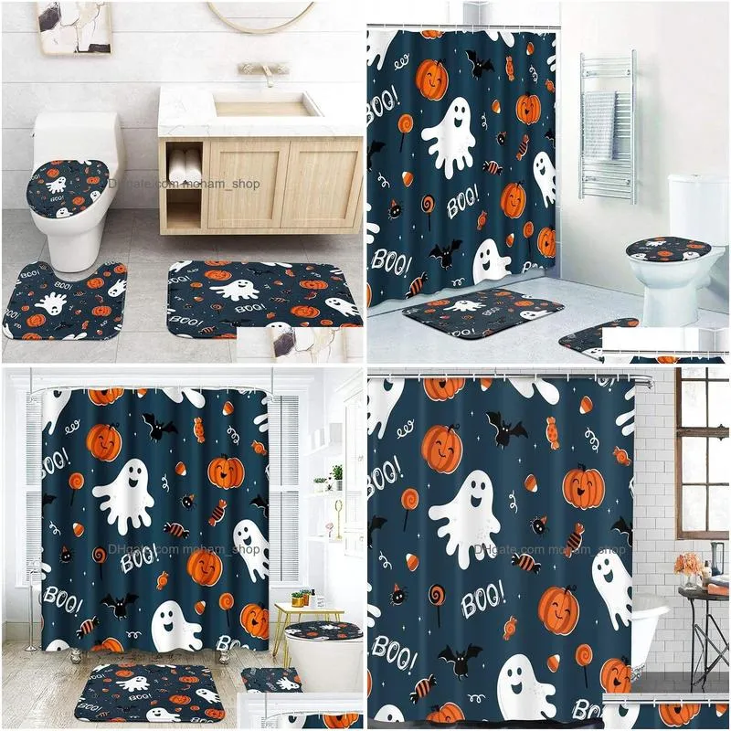shower curtains fun halloween print set carpet cover toilet bathroom mat cushion household 220827