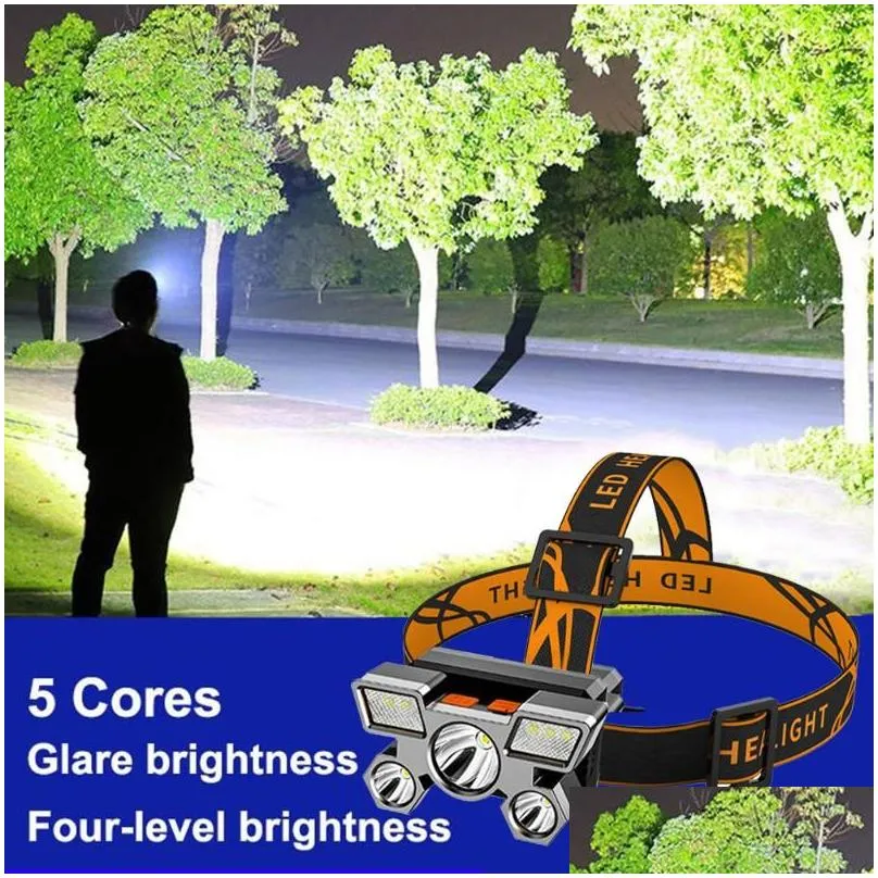 Headlamps Headlamps Portable Led Headlight 5 Light Ces Tra Bright Rechargeable Headlamp 4 Modes Waterproof Cam Torch Powerf Head Drop Dhho5