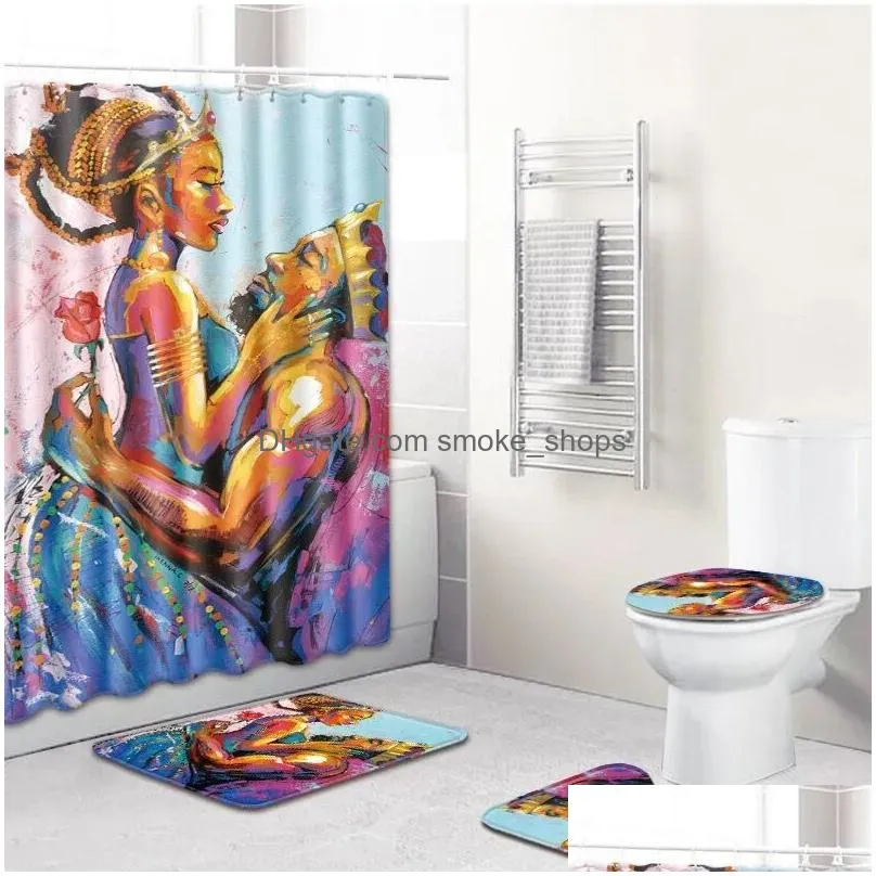 african american couple shower curtain set polyester waterproof bathroom curtain 180x180cm with bathroom mat set drop t200711