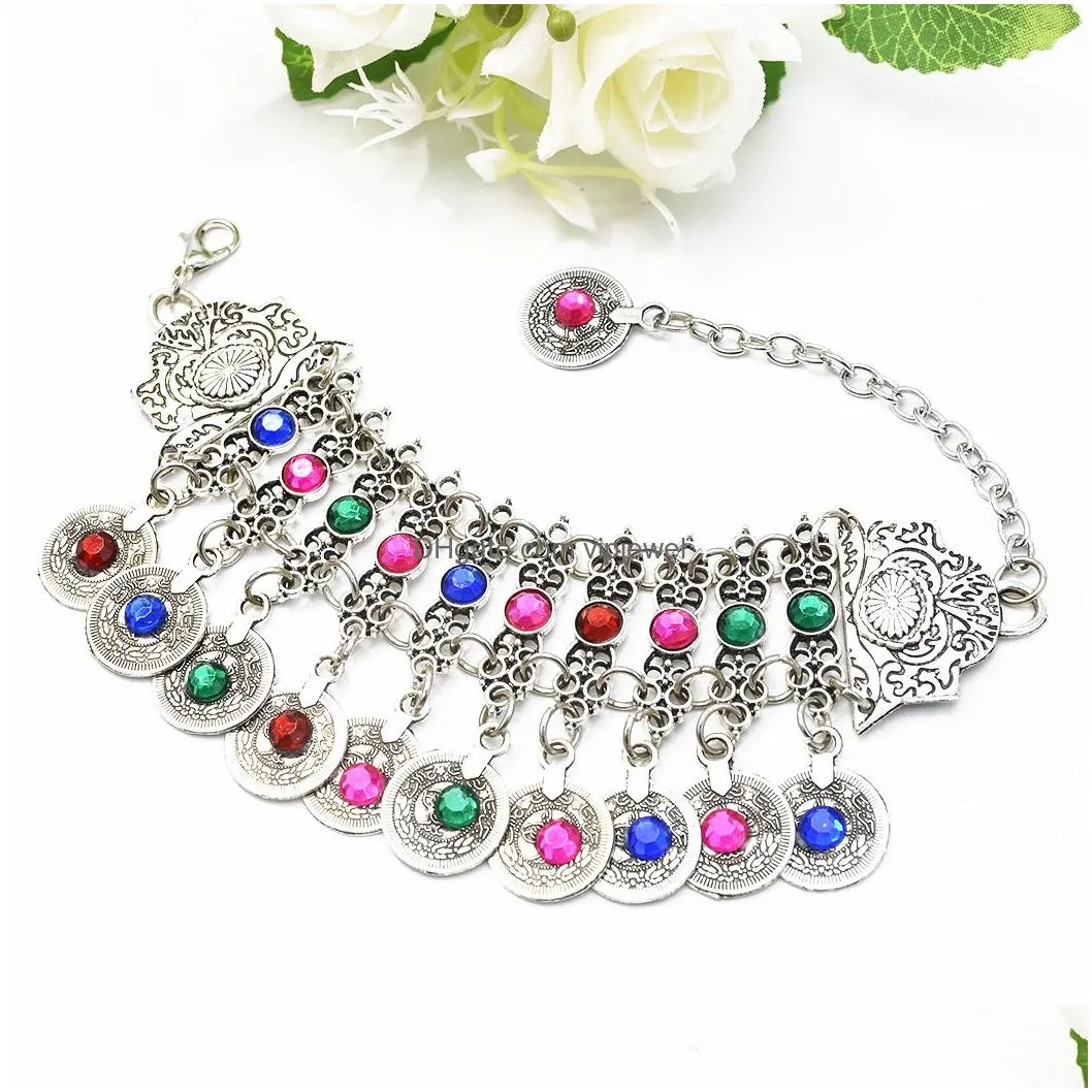 bohemia gypsy colorful rhinestone flower anklet coin belly dance bracelet bangle arm indian turkey ethnic tribal beach jewelry