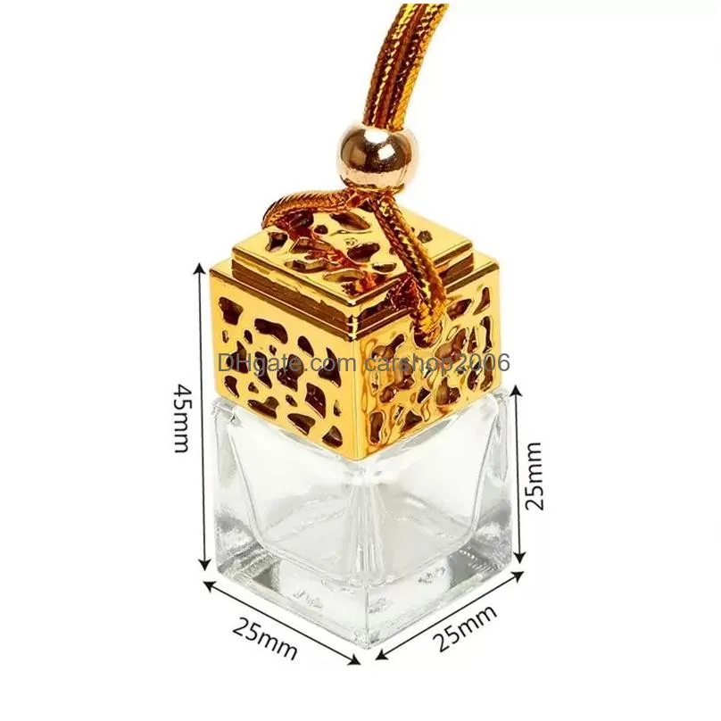 cube hollow car perfume bottle rearview ornament hanging air freshener for essential oils diffuser fragrance empty glass bottle pendant 4