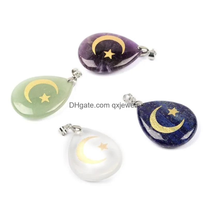 Pendant Necklaces Natural Stone Water Drop Shape Aura Pendant Necklace Engraved Islamic Star Moon Reiki Symbol Pattern Pendants Heal C Dheji