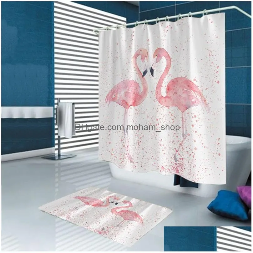 1/3/4pcs 3d flamingo waterproof shower curtain mildew proof toilet cover non-slip mat 3pcs toilet bathroom decor with 12 hooks t200711