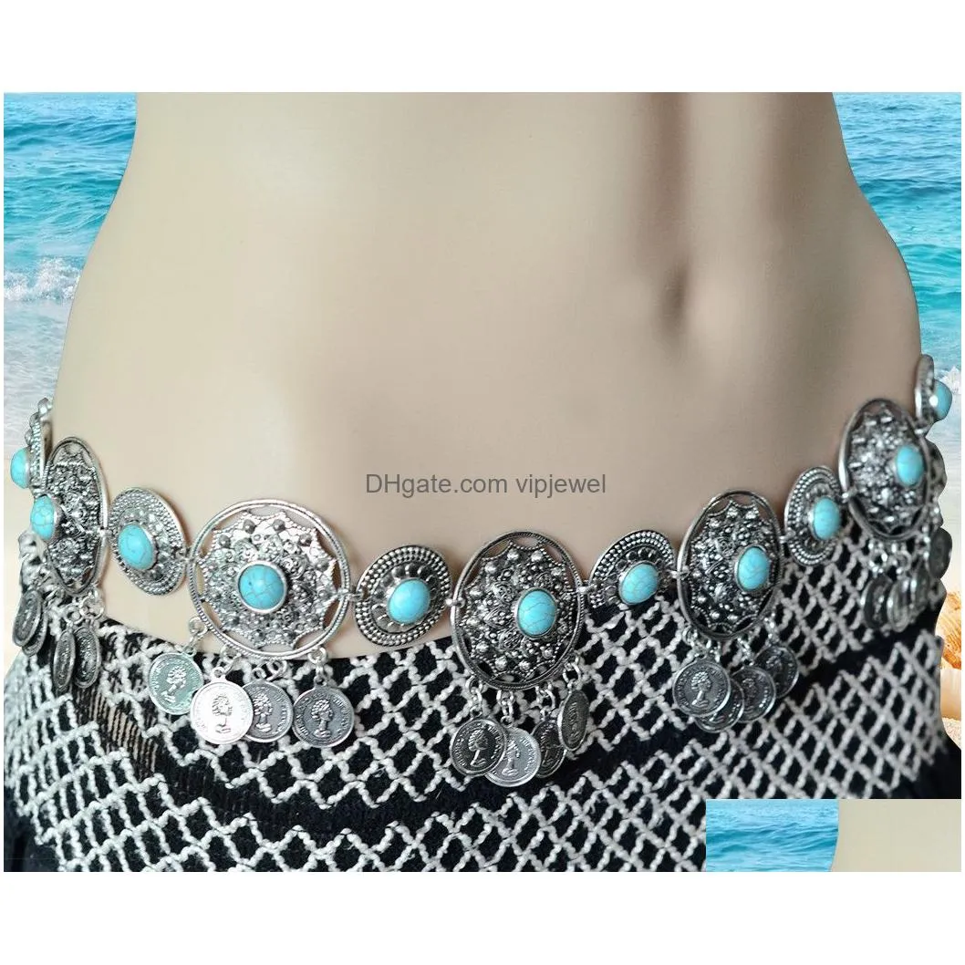 vintage indian turkish blue stone coin dance belt belly dance body waist chain jewelry for women