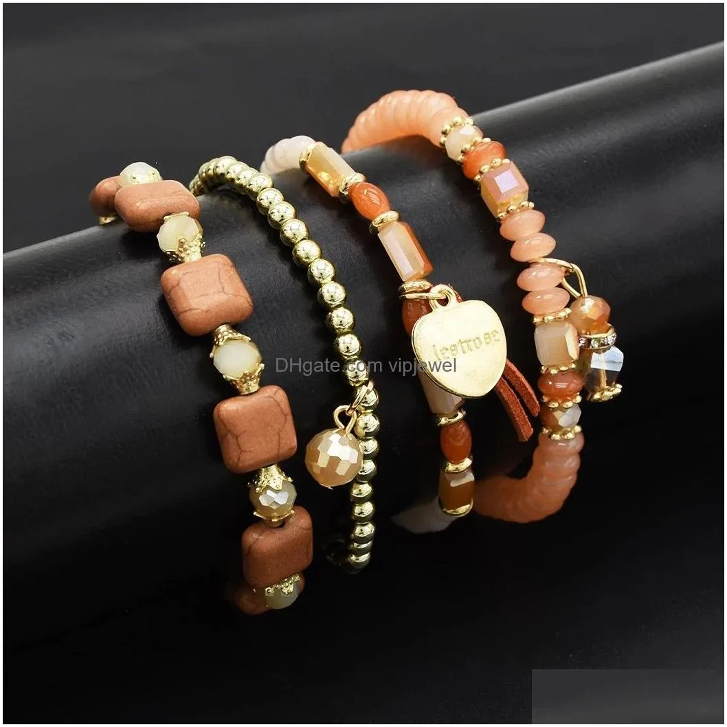 boho fashion four layer chains ethnic custom crystal acrylic beads bracelets bangles for women wedding party jewelry