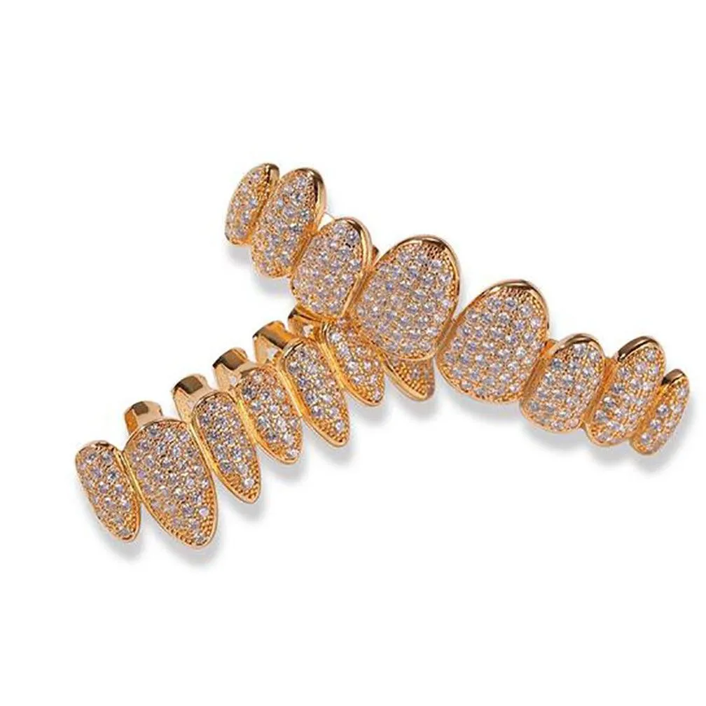 14k gold cz vampire teeth grillz iced out micro pave cubic zircon 8 tooth hip hop grill top bottom grillz teeth set with silicon molding