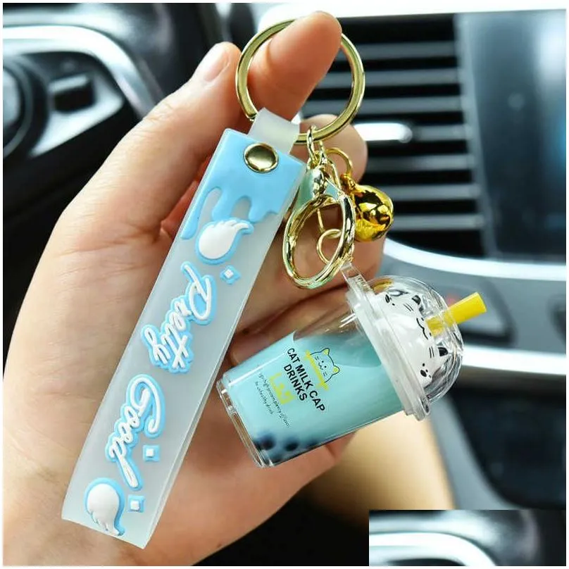 Keychains & Lanyards Keychains Cute Cat Pearl Milk Tea Cup Key Chain Creative Quicksand Liquid Floating Drink Keyring Backpack Pendant Dhas3