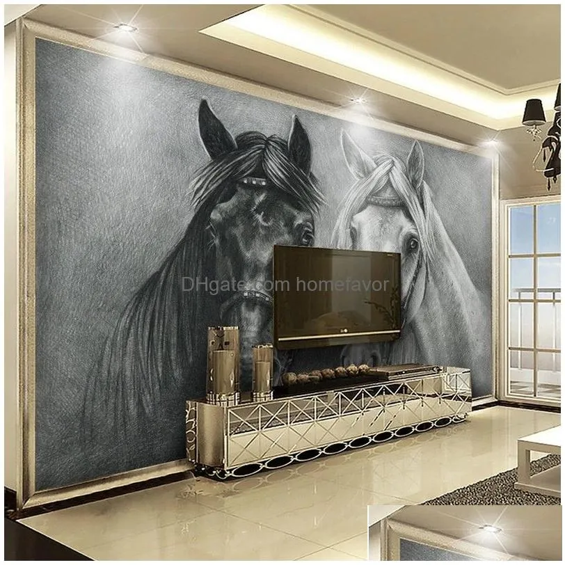 custom p o mural 3d creative hand painted black and white horse bedroom study living room wall decoration painting wallpaper